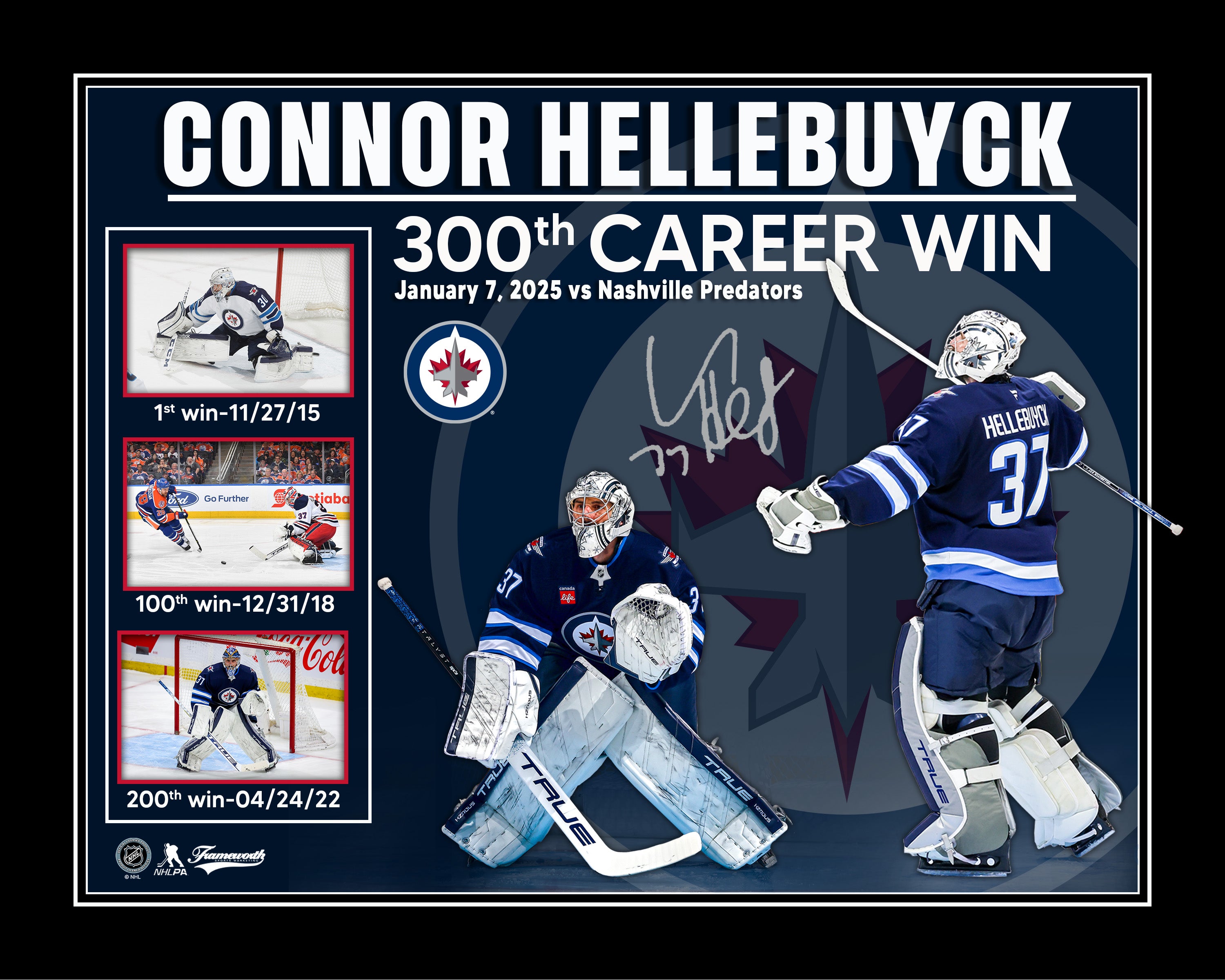 Connor Hellebuyck Autographed 300th Win Commemorative Photo – Joe