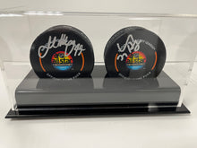 Hellebuyck and Morrissey 2023 NHL All Star Autographed Pucks with Case