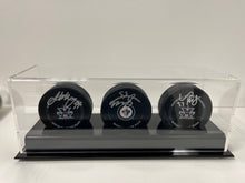 Scheifele - Morrissey - Hellebuyck Winnipeg Jets Autographed Pucks with Case