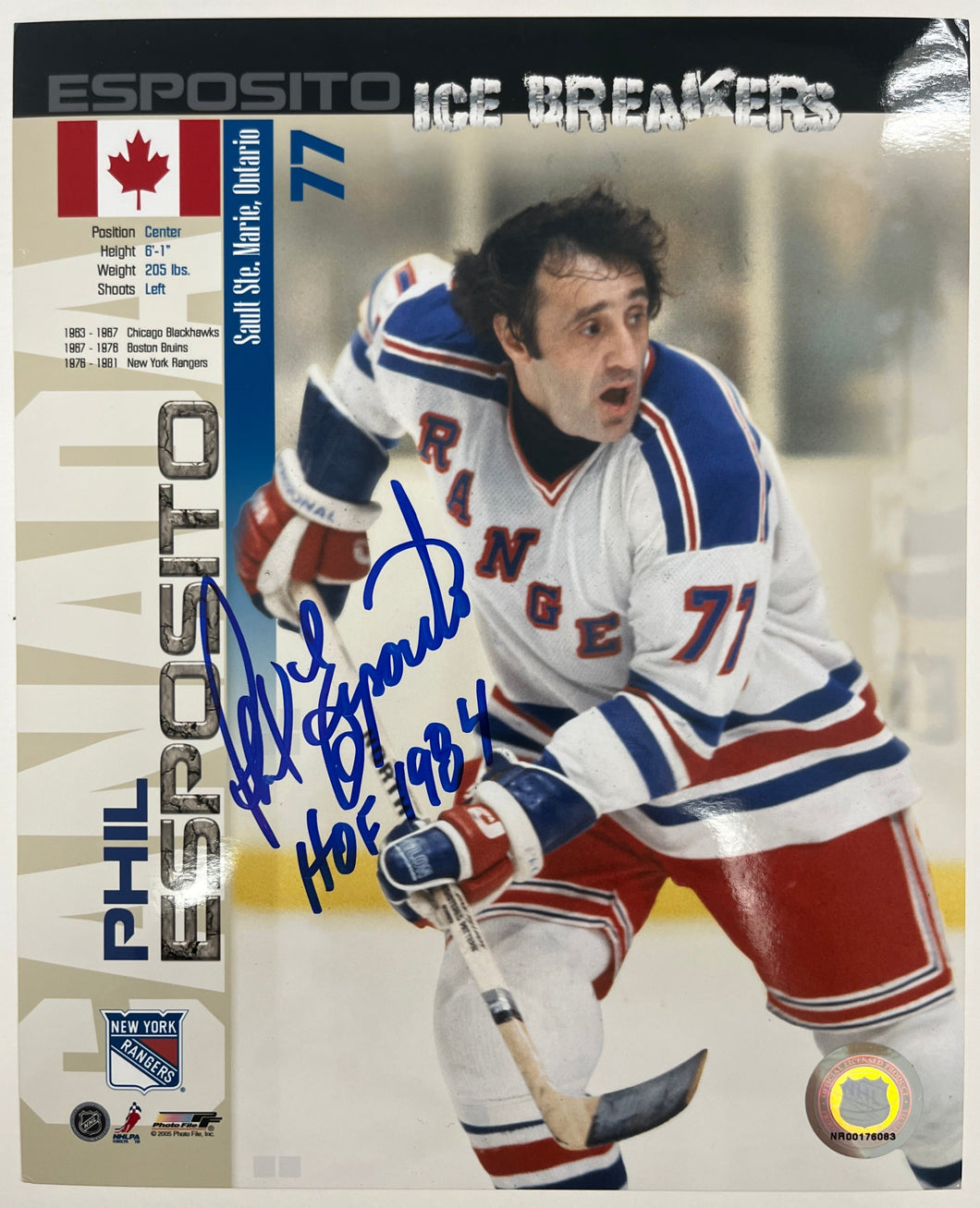 Phil Esposito - New York Rangers 8x10 Autographed Photo